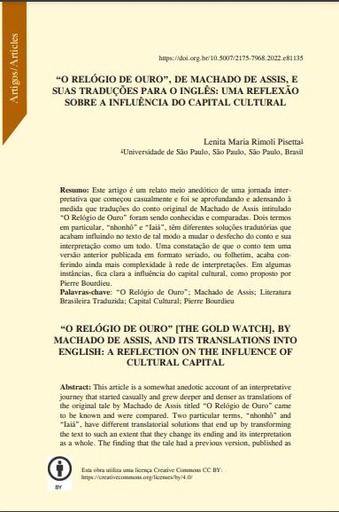 “O RELÓGIO DE OURO”, DE MACHADO DE ASSIS, E SUAS TRADUÇÕES PARA O INGLÊS: UMA REFLEXÃO SOBRE A INFLUÊNCIA DO CAPITAL CULTURAL