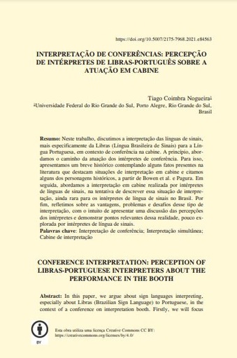 NTERPRETAÇÃO DE CONFERÊNCIAS: PERCEPÇÃO DE INTÉRPRETES DE LIBRAS-PORTUGUÊS SOBRE A ATUAÇÃO EM CABINE