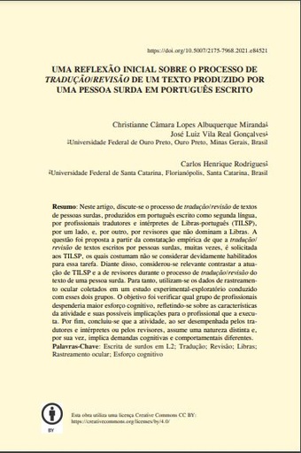 UMA REFLEXÃO INICIAL SOBRE O PROCESSO DE TRADUÇÃO/REVISÃO DE UM TEXTO PRODUZIDO POR UMA PESSOA SURDA EM PORTUGUÊS ESCRITO