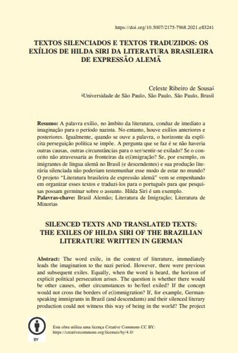 TEXTOS SILENCIADOS E TEXTOS TRADUZIDOS: OS EXÍLIOS DE HILDA SIRI DA LITERATURA BRASILEIRA DE EXPRESSÃO ALEMÃ