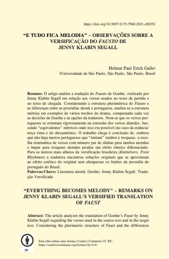“E TUDO FICA MELODIA” – OBSERVAÇÕES SOBRE A VERSIFICAÇÃO DO FAUSTO DE JENNY KLABIN SEGALL