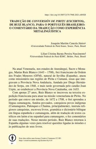 TRADUÇÃO DE CONVERSIÓN DE PIRITU (EXCERTOS), DE RUIZ BLANCO, PARA O PORTUGUÊS BRASILEIRO: O COMENTÁRIO DA TRADUÇÃO COMO EXPERIÊNCIA METALINGUÍSTICA