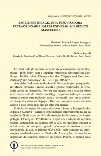 EMILIE SNETHLAGE, UMA PESQUISADORA EXTRAORDINÁRIA EM UM UNIVERSO ACADÊMICO MASCULINO