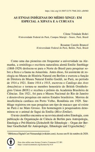 AS ETNIAS INDÍGENAS DO MÉDIO XINGU: EM ESPECIAL A XIPAYA E A CURUAYA