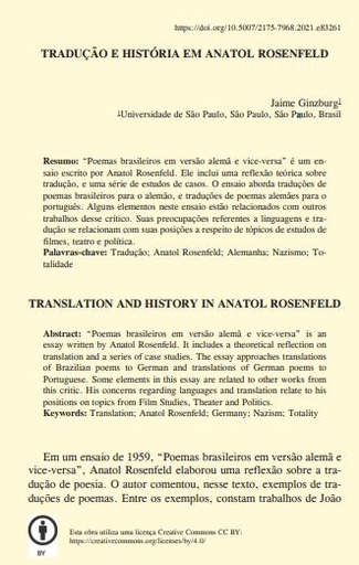 TRADUÇÃO E HISTÓRIA EM ANATOL ROSENFELD