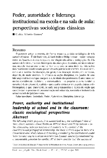 Poder, autoridade e liderança institucional na escola e na sala de aula: perspectivas sociológicas clássicas