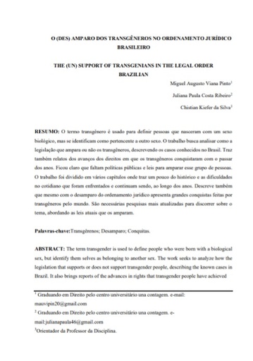 O (des) amparo dos transgêneros no ordenamento jurídico brasileiro