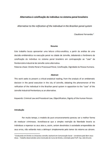 Alternativa à coisificação do indivíduo no sistema penal brasileiro