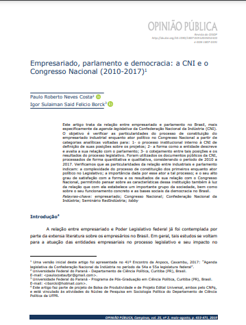 Empresariado, parlamento e democracia: a CNI e o Congresso Nacional (2010-2017)1