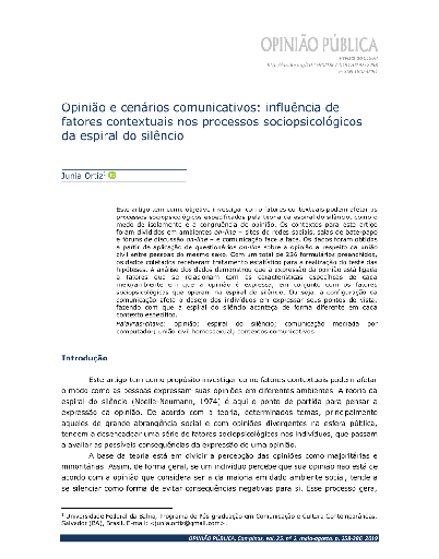 Opinião e cenários comunicativos: influência de fatores contextuais nos processos sociopsicológicos da espiral do silêncio