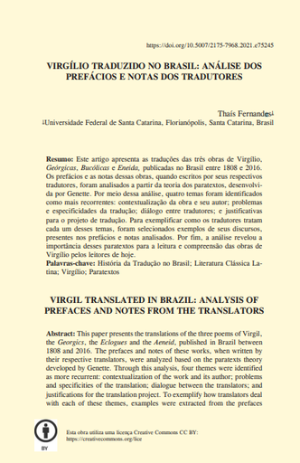 VIRGÍLIO TRADUZIDO NO BRASIL: ANÁLISE DOS PREFÁCIOS E NOTAS DOS TRADUTORES