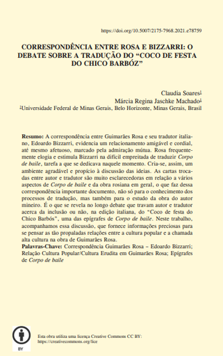 CORRESPONDÊNCIA ENTRE ROSA E BIZZARRI: O DEBATE SOBRE A TRADUÇÃO DO “COCO DE FESTA DO CHICO BARBÓZ”