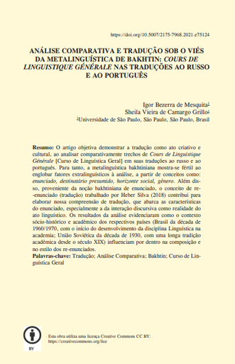 ANÁLISE COMPARATIVA E TRADUÇÃO SOB O VIÉS DA METALINGUÍSTICA DE BAKHTIN: COURS DE LINGUISTIQUE GÉNÉRALE NAS TRADUÇÕES AO RUSSO E AO PORTUGUÊS