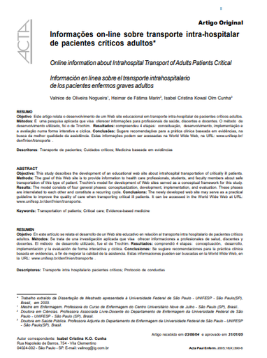 Informações on-line sobre transporte intra-hospitalar de pacientes críticos adultos