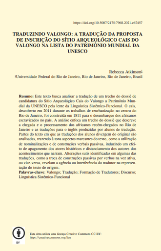 TRADUZINDO VALONGO: A TRADUÇÃO DA PROPOSTA DE INSCRIÇÃO DO SÍTIO ARQUEOLÓGICO CAIS DO VALONGO NA LISTA DO PATRIMÔNIO MUNDIAL DA UNESCO