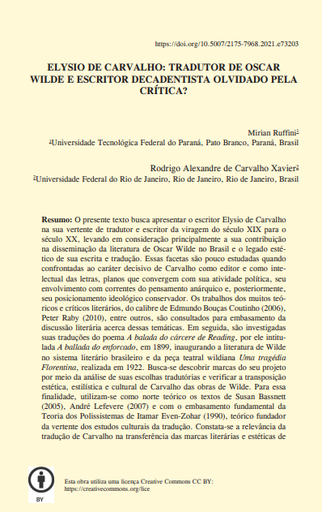 ELYSIO DE CARVALHO: TRADUTOR DE OSCAR WILDE E ESCRITOR DECADENTISTA OLVIDADO PELA CRÍTICA?