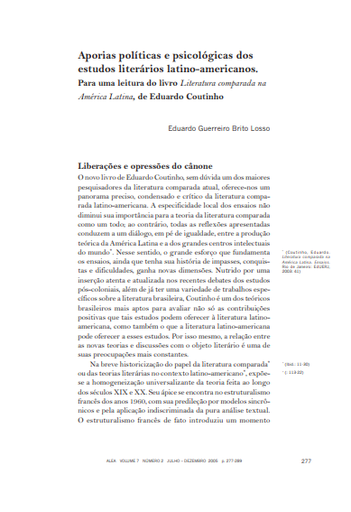 Aporias políticas e psicológicas dos estudos literários latino-americanos: para uma leitura do livro Literatura comparada na América Latina, de Eduardo Coutinho