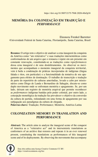 MEMÓRIA DA COLONIZAÇÃO EM TRADUÇÃO E PERFORMANCE