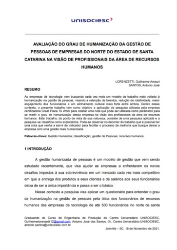 Avaliação do grau de humanização da gestão de pessoas de empresas do norte do estado de Santa Catarina na visão de profissionais da área de recursos humanos