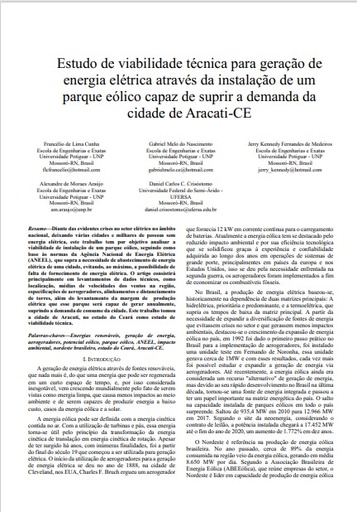 Estudo de viabilidade técnica para geração de energia elétrica através da instalação de um parque eólico capaz de suprir a demanda da cidade de Aracati-CE