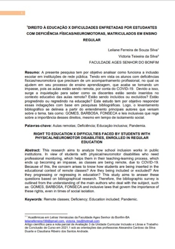 &quot;Direito à educação x dificuldades enfretadas por estudantes com deficiência físicas/neuromotoras, matriculados em ensino regular&quot;