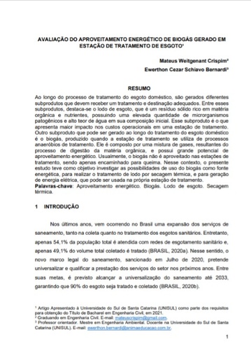 Avaliação do aproveitamento energético de biogás gerado em estação de tratamento de esgoto