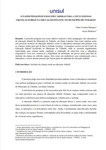 O fazer pedagógico das educadoras para a inclusão das crianças surdas na educação infantil no município de Tubarão