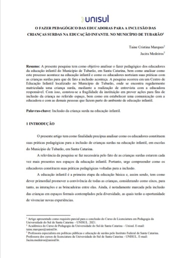 O fazer pedagógico das educadoras para a inclusão das crianças surdas na educação infantil no município de Tubarão