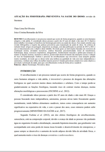 Atuação da fisioterapia preventiva na saúde do idoso: revisão de literatura
