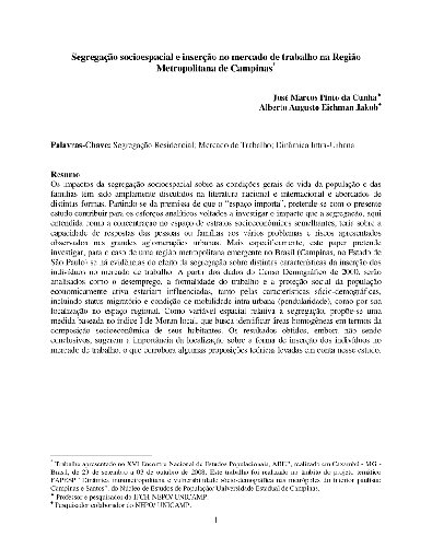 Segregação socioespacial e inserção no mercado de trabalho na Região Metropolitana de Campinas