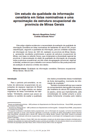 Um estudo da qualidade da informação censitária em listas nominativas e uma aproximação da estrutura ocupacional da província de Minas Gerais