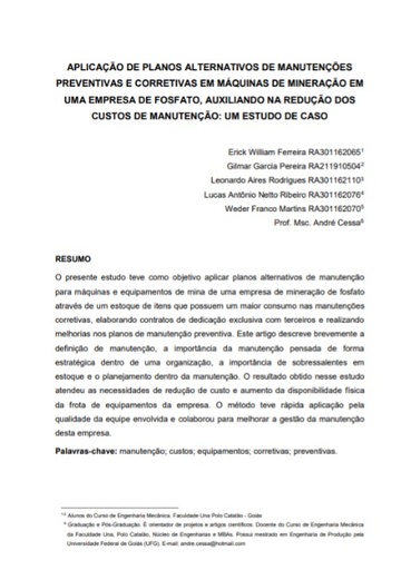 Aplicação de planos alternativos de manutenções preventivas e corretivas em máquinas de mineração em uma empresa de fosfato, auxiliando na redução soa custos de manutenção: um estudo de caso