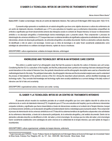 O saber e a tecnologia: mitos de um centro de tratamento intensivo