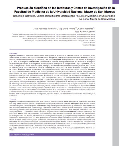 Producción científica de los Institutos y Centro de Investigación de la Facultad de Medicina de la UNMSM