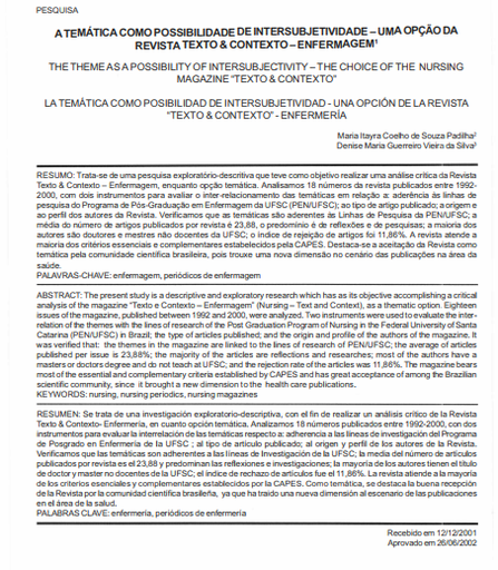 A temática como possibilidade de intersubjetividade: uma opção da revista texto &amp; contexto - enfermagem