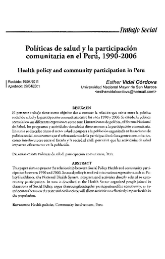 Politicas de salud y la participacion comunitaria en el Peru, 1990 - 2006