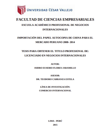 Importación del papel autocopia de China para el mercado Peruano 2008- 2014