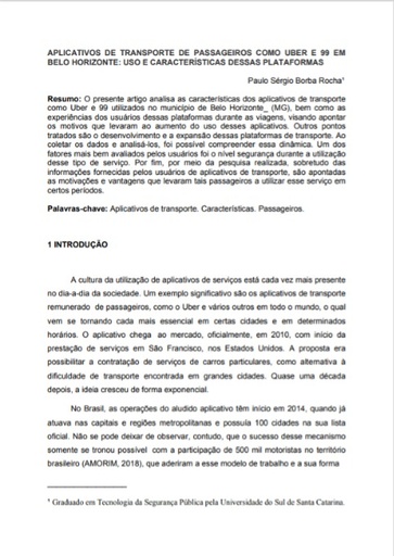 Aplicativos de transporte de passageiros como Uber e 99 em Belo Horizonte: uso e características dessas plataformas