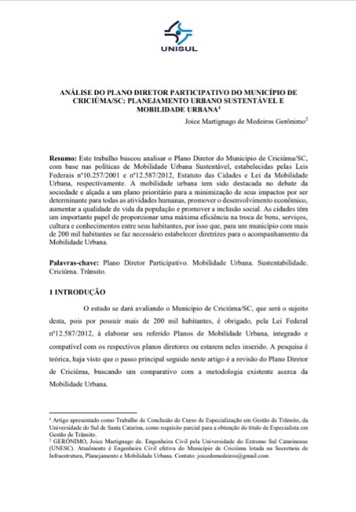 Análise do plano diretor participativo do município de Criciúma/SC: planejamento urbano sustentável e mobilidade urbana