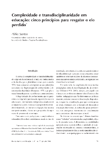 Complexidade e transdisciplinaridade em educação: cinco princípios para resgatar o elo perdido