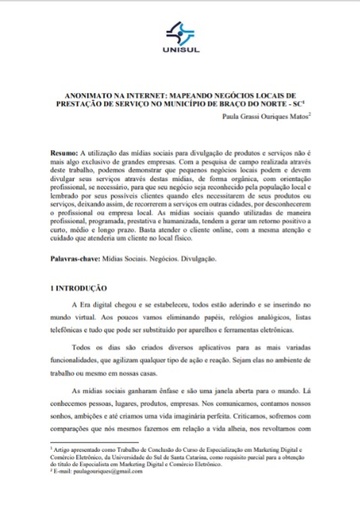 Anonimato na internet: mapeando negócios locais de prestação de serviço no município de Braço do Norte - SC