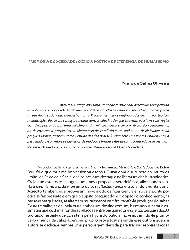 “Memória e sociedade”: ciência poética e referência de humanismo