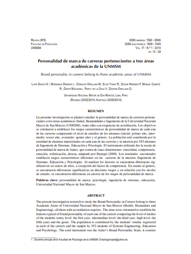 Personalidad de marca de carreras pertenecientes a tres áreas académicas de la UNMSM