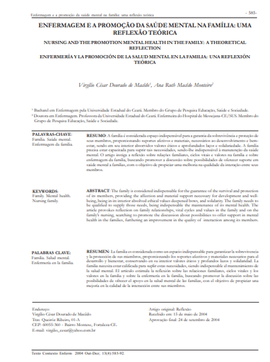 Enfermagem e a promoção da saúde mental na família: uma reflexão teóric