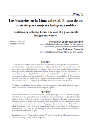 Los beaterios en la Lima colonial. El caso de un beatorio para mujeres indígenas nobles