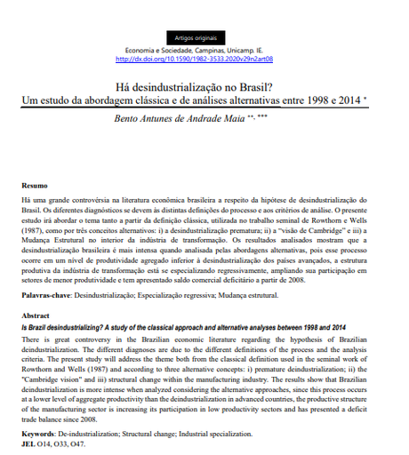 Há desindustrialização no Brasil? Um estudo da abordagem clássica e de análises alternativas entre 1998 e 2014