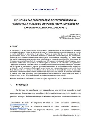 Influência das porcentagens de preenchimento na resistência à tração de corpos de prova impressos na manufatura aditiva utilizando PETG