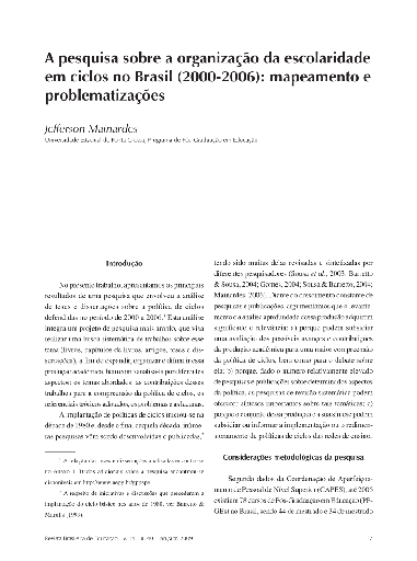 A pesquisa sobre a organização da escolaridade em ciclos no Brasil (2000-2006): mapeamento e problematizações