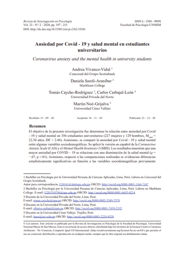 Ansiedad por Covid - 19 y salud mental en estudiantes universitarios