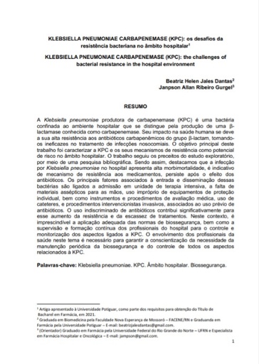 Klebsiella pneumoniae carbapenemase (KPC): os desafios da resistência bacteriana no âmbito hospitalar